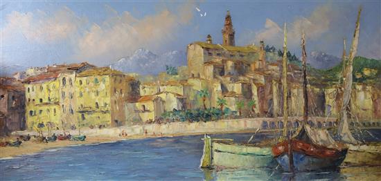 A. Abougit Mediterreanean harbour scene 15.5 x 31in.